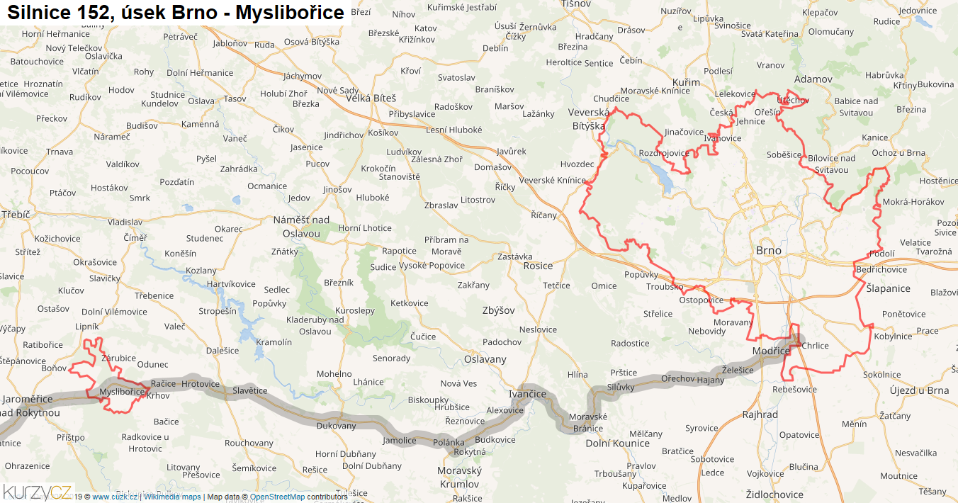 Úsek Brno - Myslibořice, Silnice 152 - Mapa