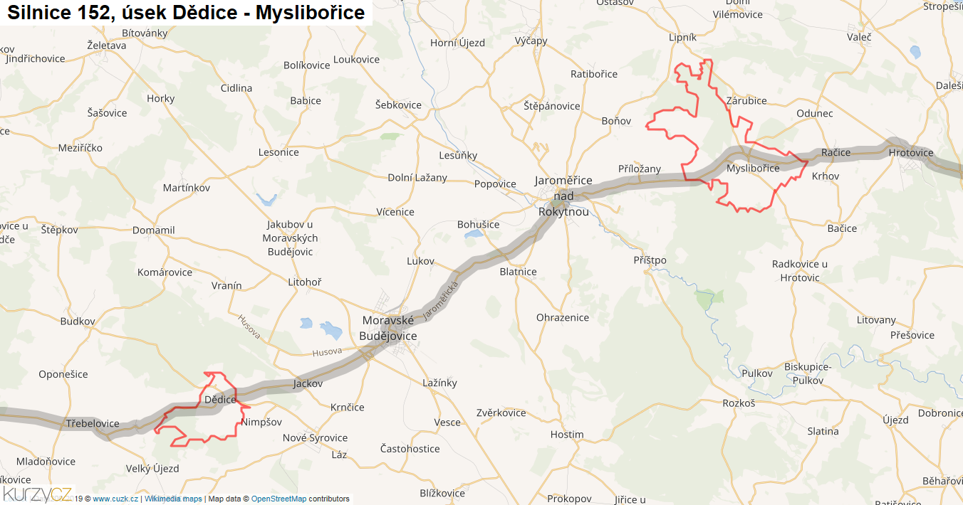 Úsek Dědice - Myslibořice, Silnice 152 - Mapa
