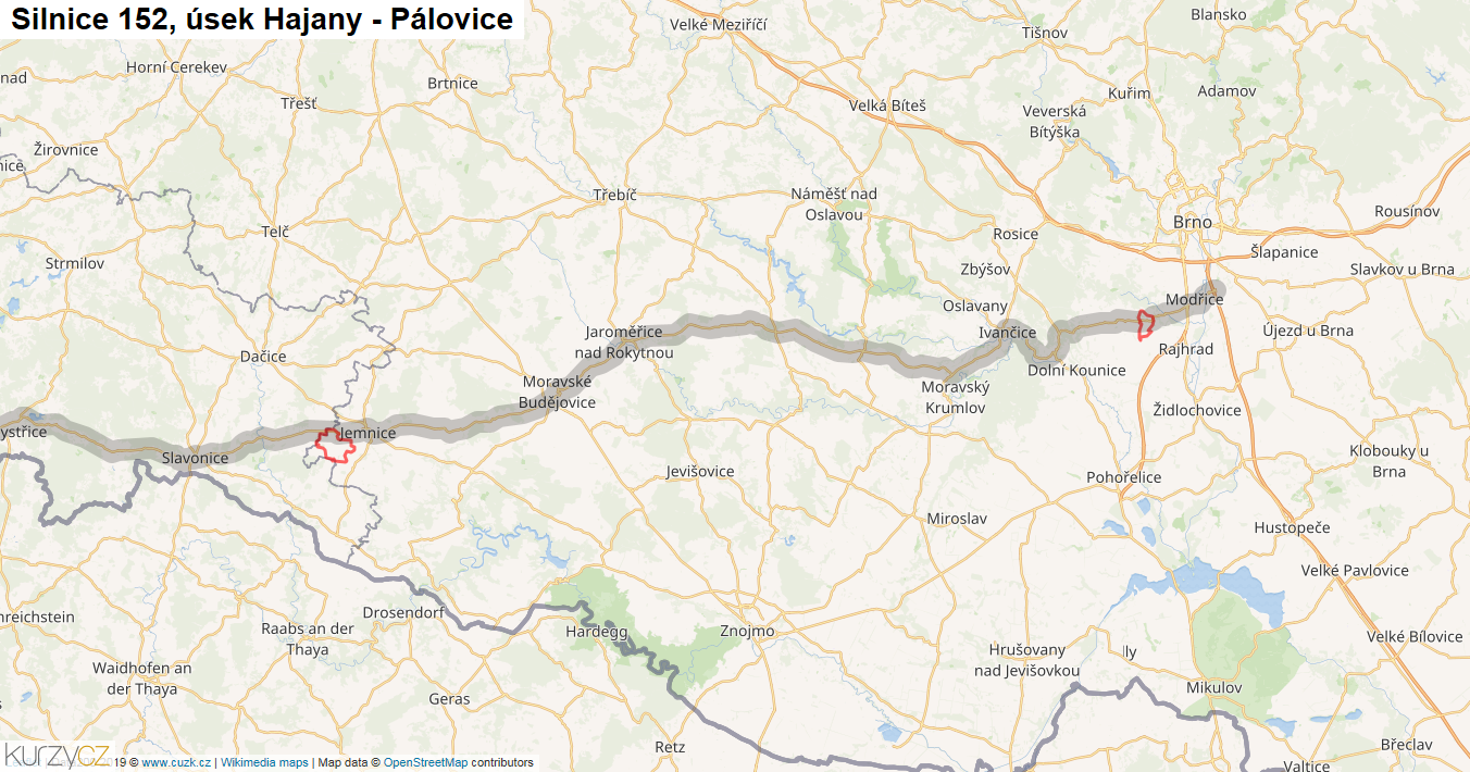 Úsek Hajany - Pálovice, Silnice 152 - Mapa