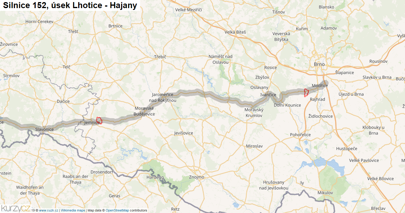 Úsek Lhotice - Hajany, Silnice 152 - Mapa