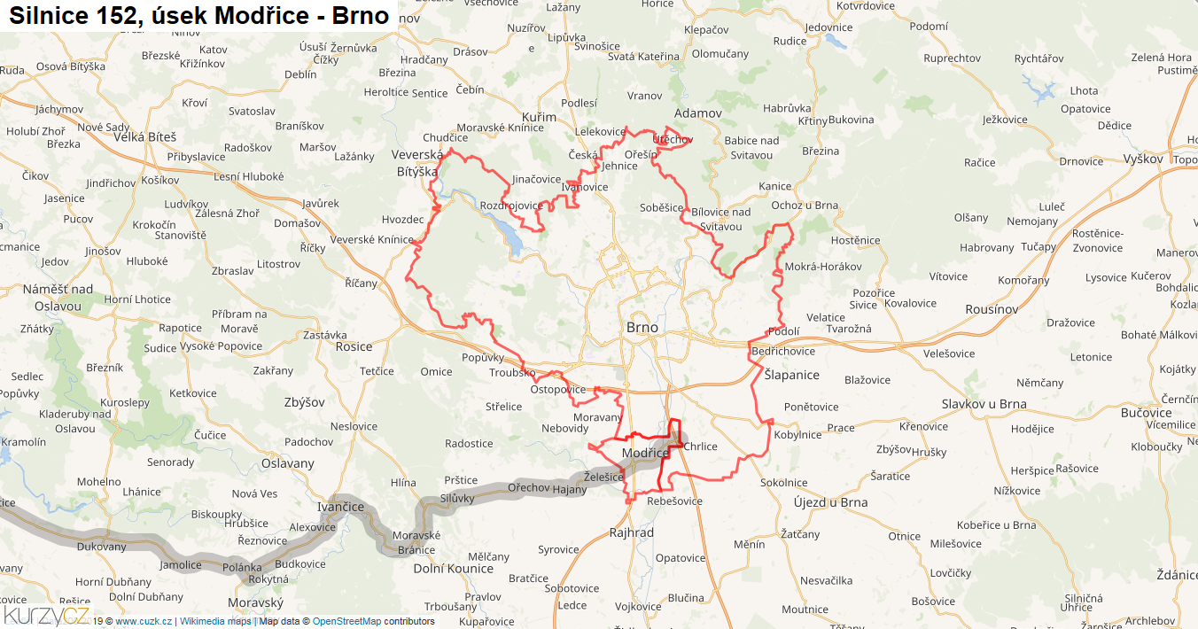 Úsek Modřice - Brno, Silnice 152 - Mapa