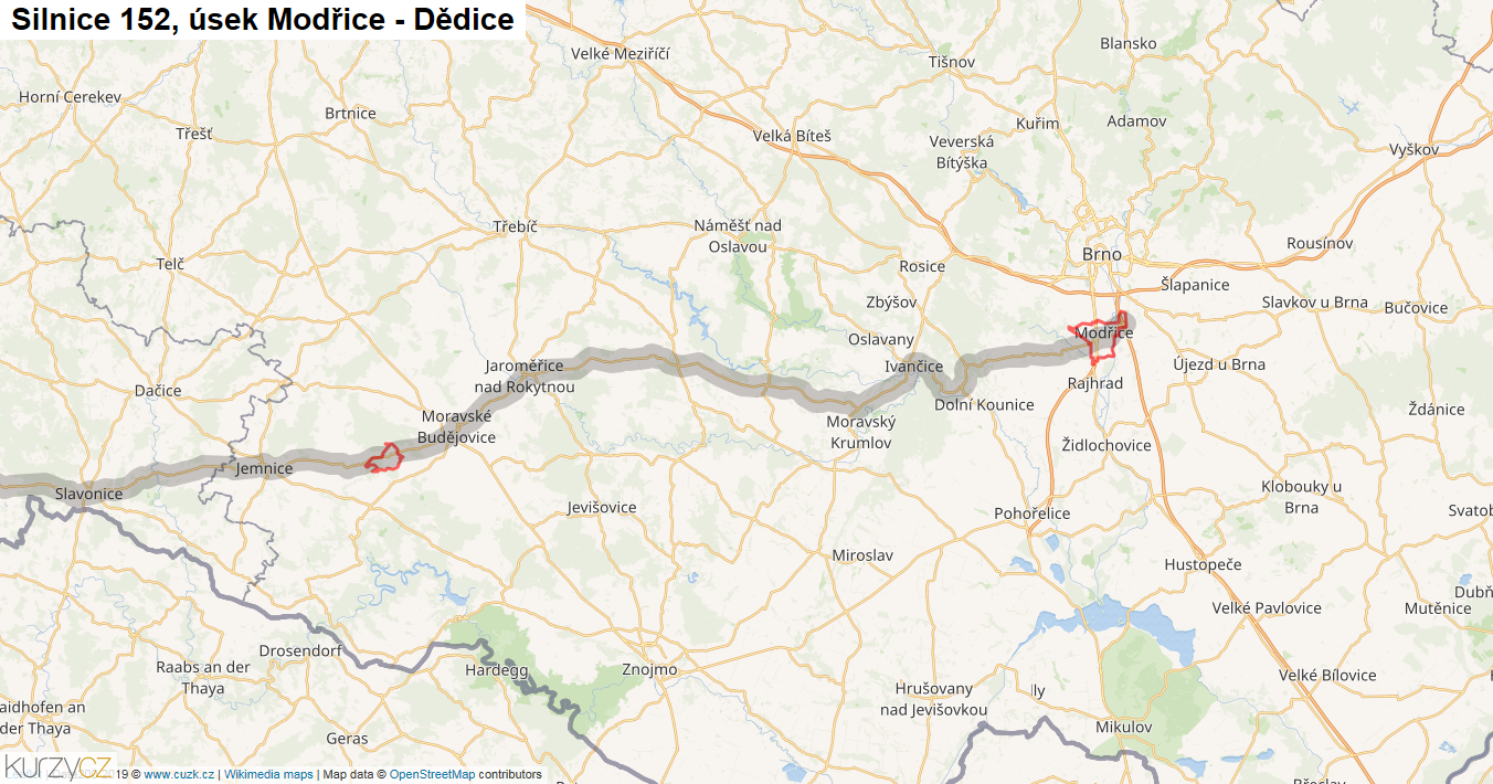 Úsek Modřice - Dědice, Silnice 152 - Mapa