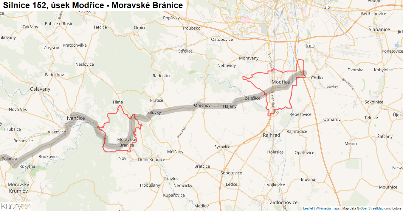 Úsek Modřice - Moravské Bránice, Silnice 152 - Mapa