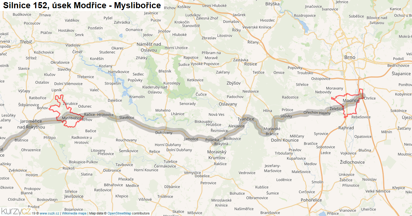 Úsek Modřice - Myslibořice, Silnice 152 - Mapa