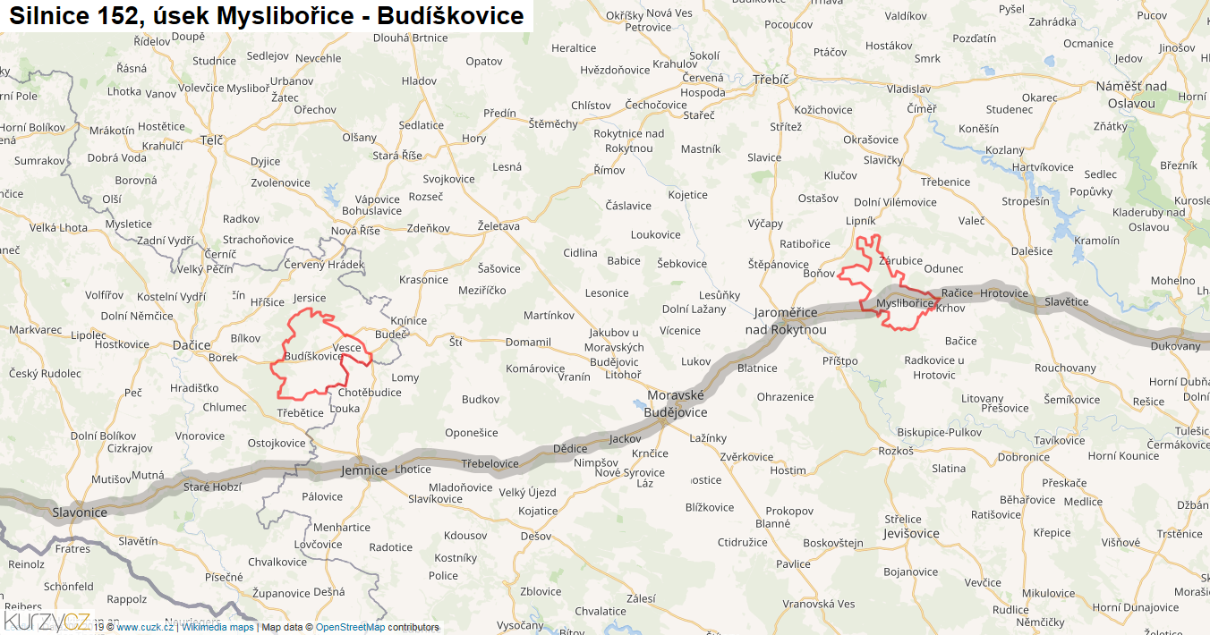 Úsek Myslibořice - Budíškovice, Silnice 152 - Mapa