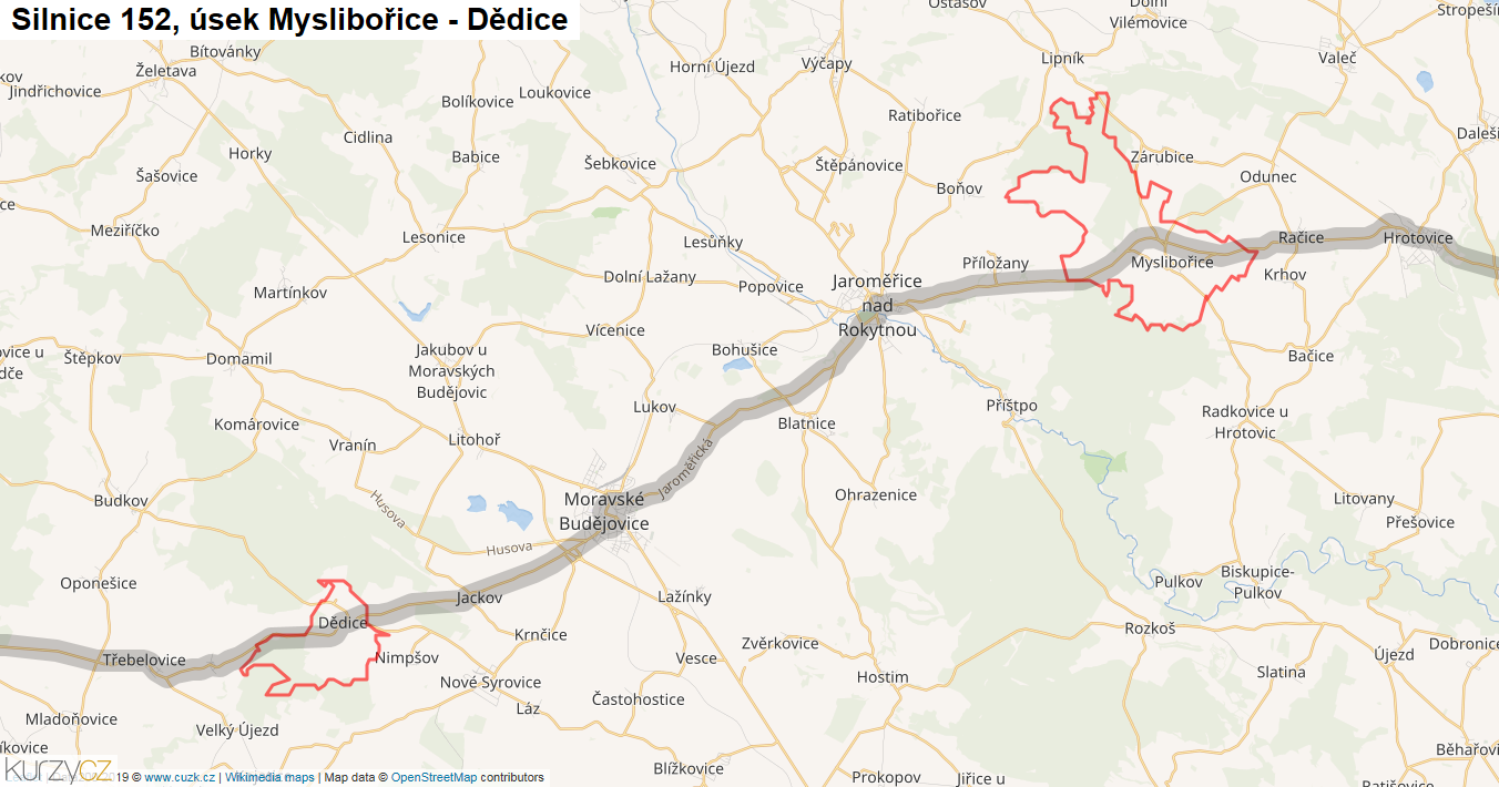 Úsek Myslibořice - Dědice, Silnice 152 - Mapa