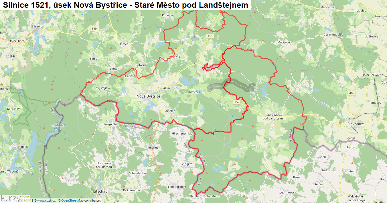 Úsek Nová Bystřice - Staré Město pod Landštejnem, Silnice 1521 - Mapa