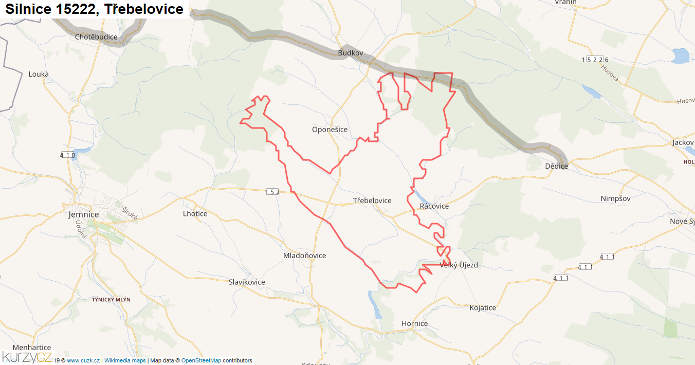 Třebelovice, Silnice 15222 - Mapa