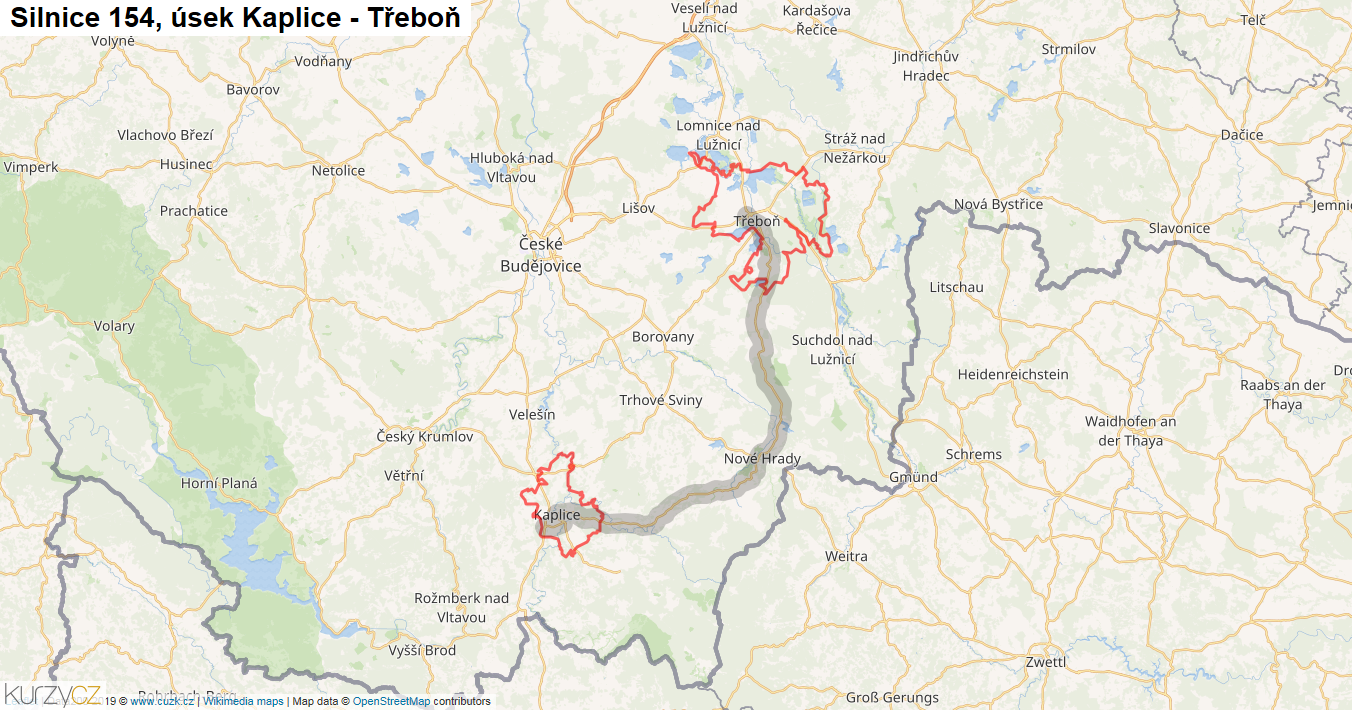 Úsek Kaplice - Třeboň, Silnice 154 - Mapa