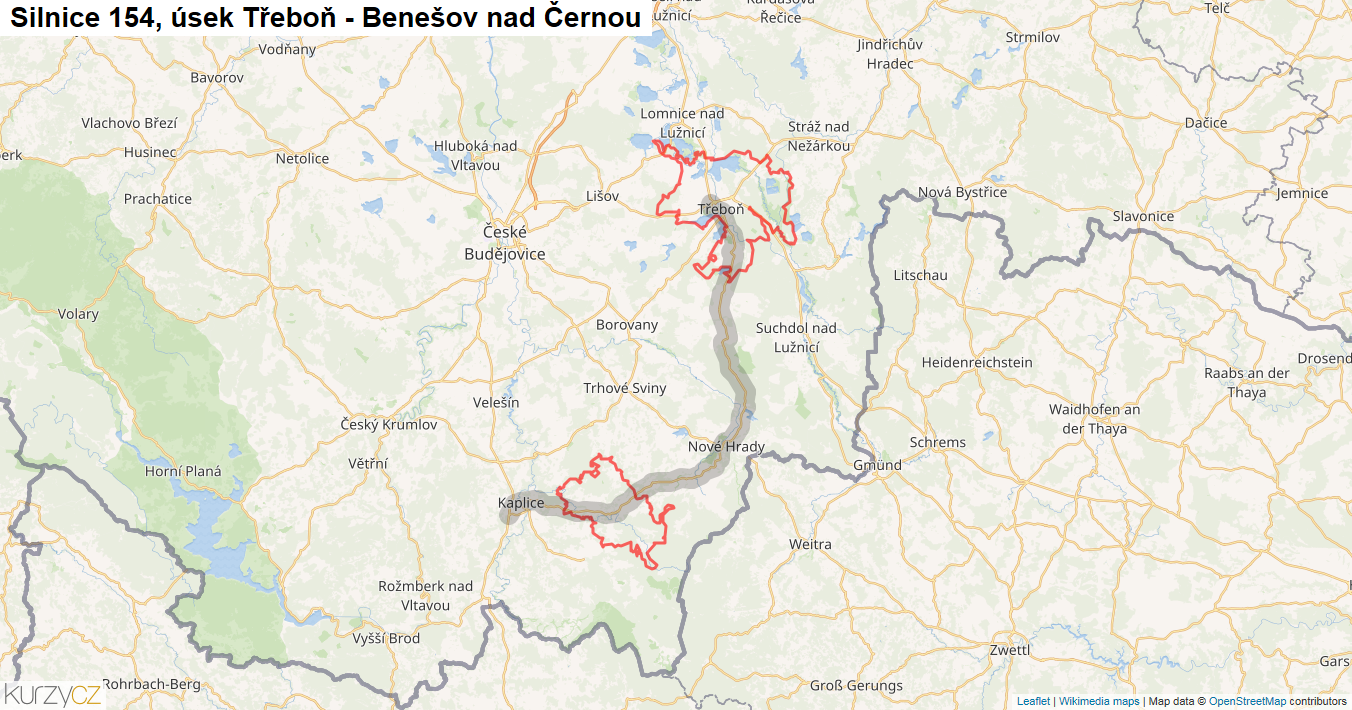 Úsek Třeboň - Benešov nad Černou, Silnice 154 - Mapa