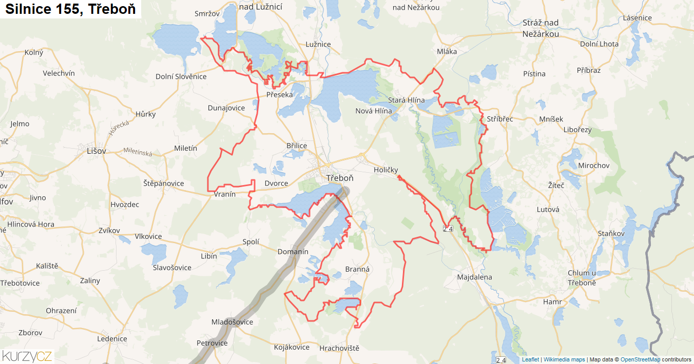 Třeboň, Silnice 155 - Mapa