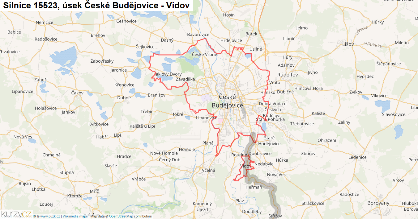 Úsek České Budějovice - Vidov, Silnice 15523 - Mapa