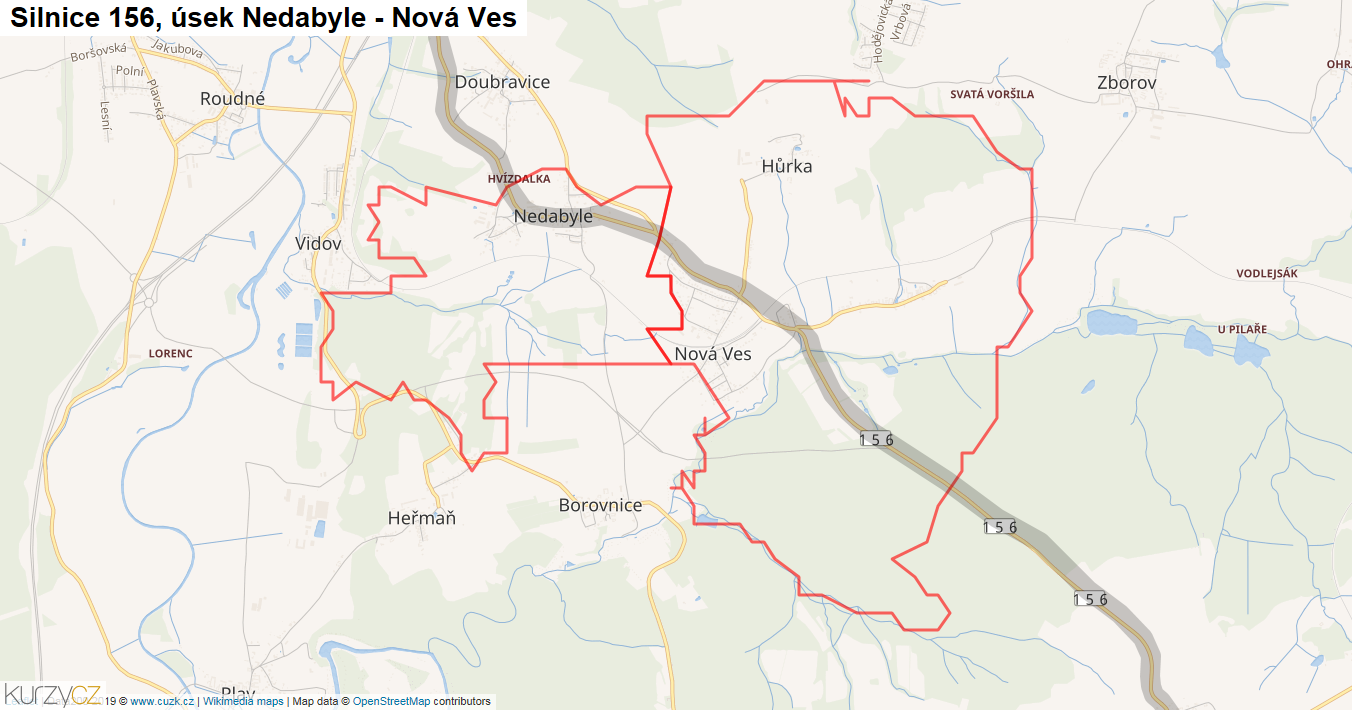 Úsek Nedabyle - Nová Ves, Silnice 156 - Mapa
