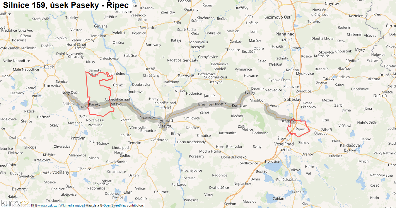 Úsek Paseky - Řípec, Silnice 159 - Mapa