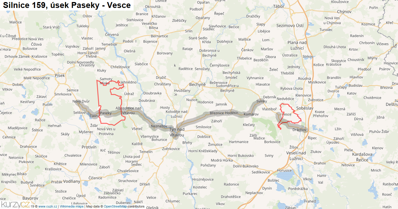 Úsek Paseky - Vesce, Silnice 159 - Mapa