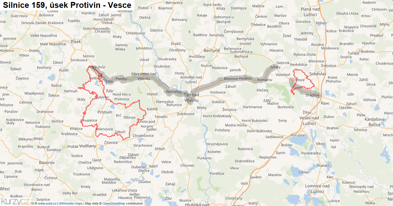 Úsek Protivín - Vesce, Silnice 159 - Mapa