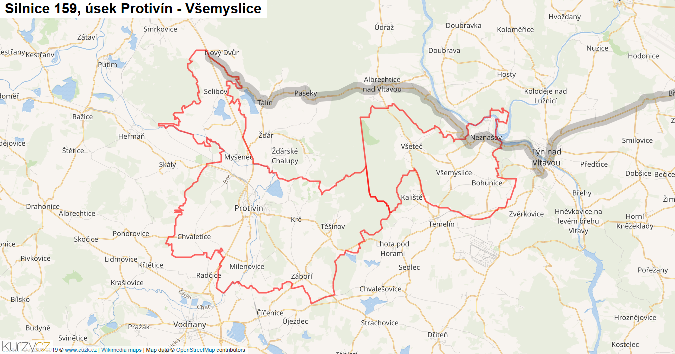 Úsek Protivín - Všemyslice, Silnice 159 - Mapa
