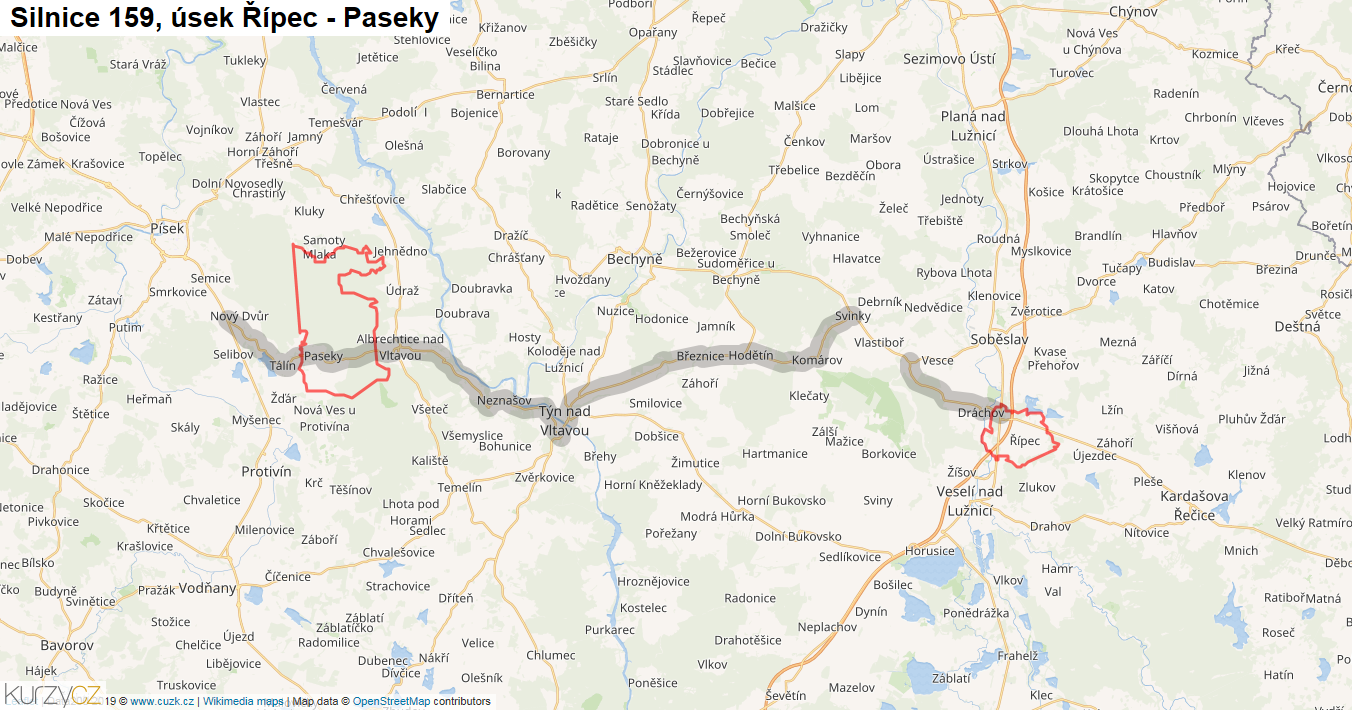 Úsek Řípec - Paseky, Silnice 159 - Mapa