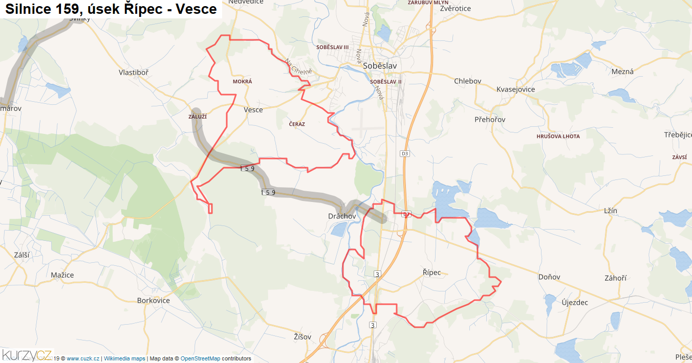 Úsek Řípec - Vesce, Silnice 159 - Mapa