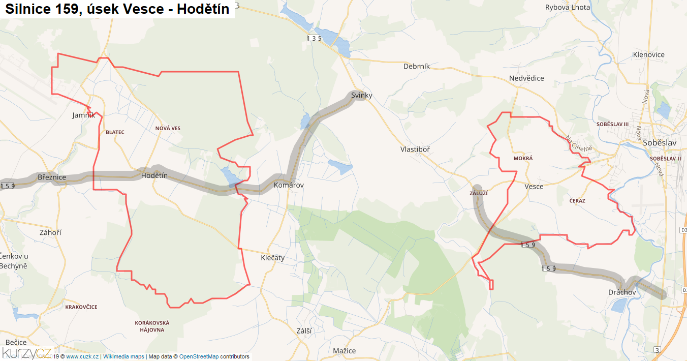 Úsek Vesce - Hodětín, Silnice 159 - Mapa