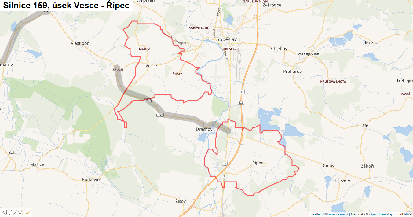 Úsek Vesce - Řípec, Silnice 159 - Mapa