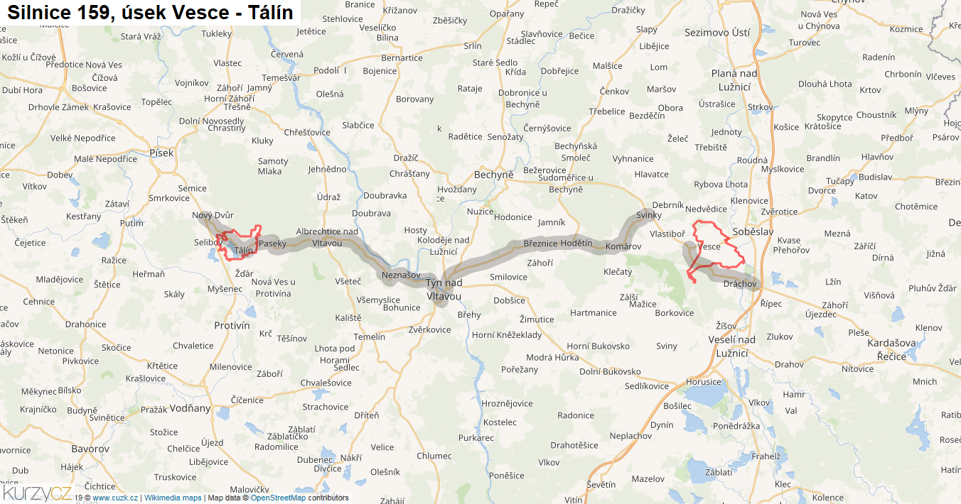 Úsek Vesce - Tálín, Silnice 159 - Mapa