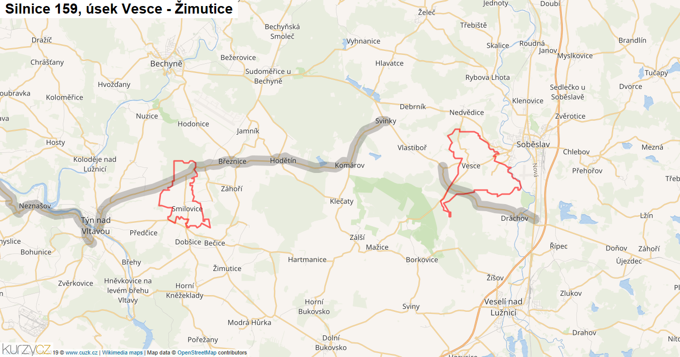 Úsek Vesce - Žimutice, Silnice 159 - Mapa