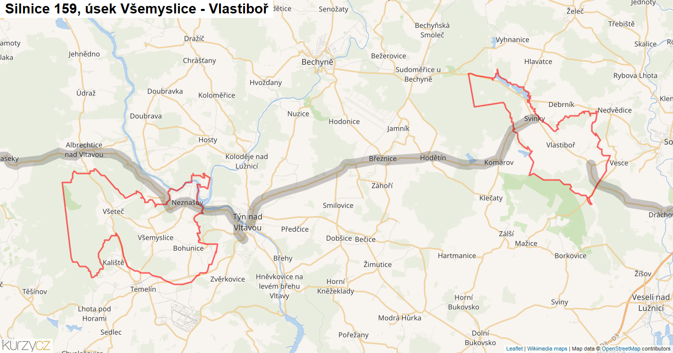 Úsek Všemyslice - Vlastiboř, Silnice 159 - Mapa