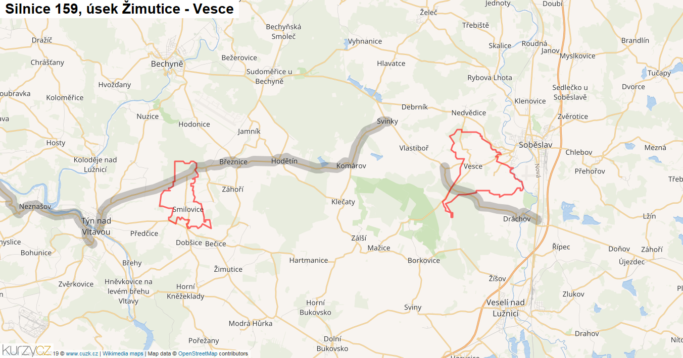 Úsek Žimutice - Vesce, Silnice 159 - Mapa