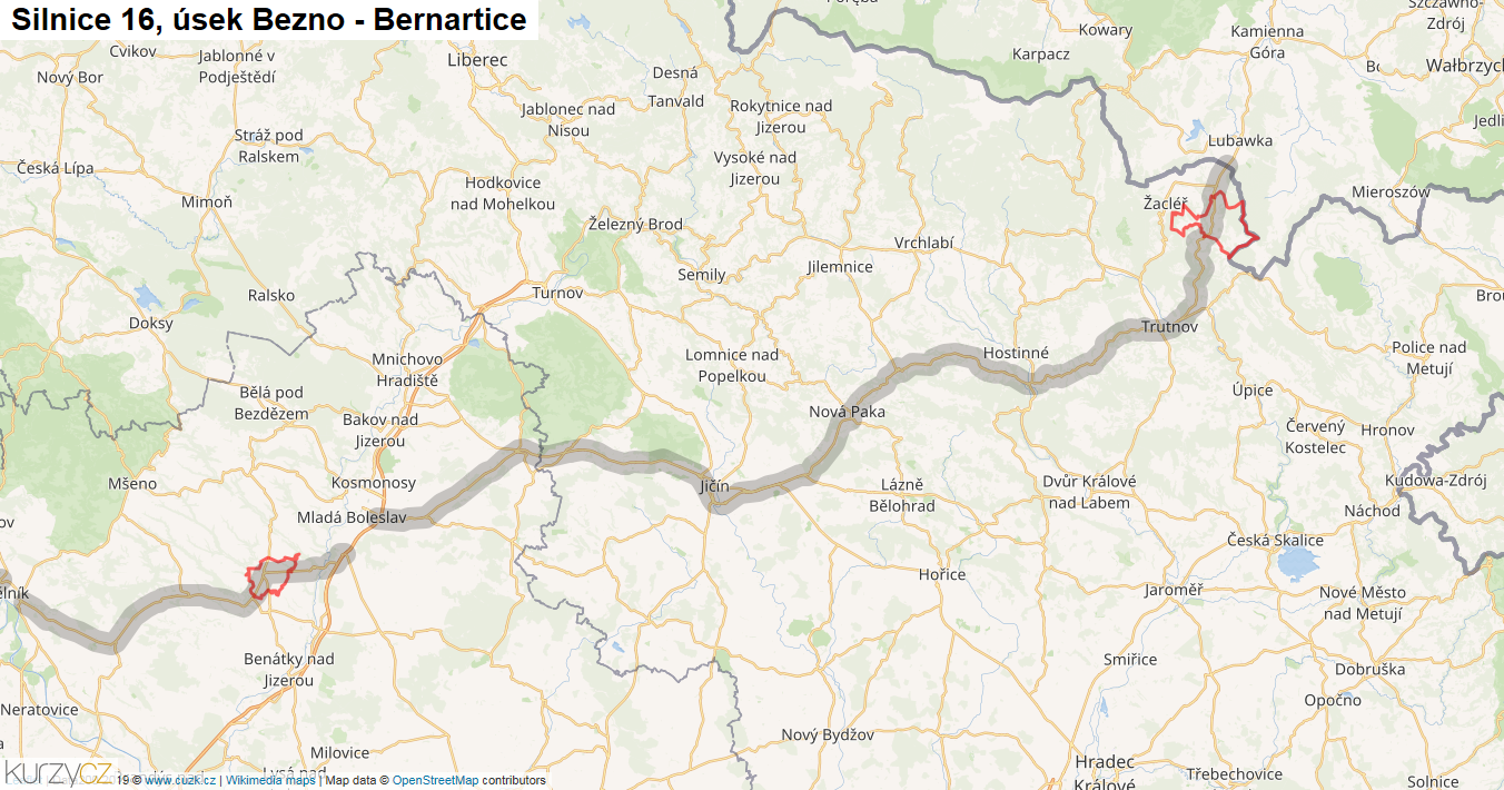 Úsek Bezno - Bernartice, Silnice 16 - Mapa