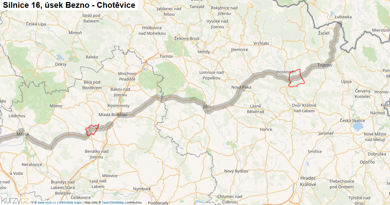Úsek Bezno - Chotěvice, Silnice 16 - Mapa