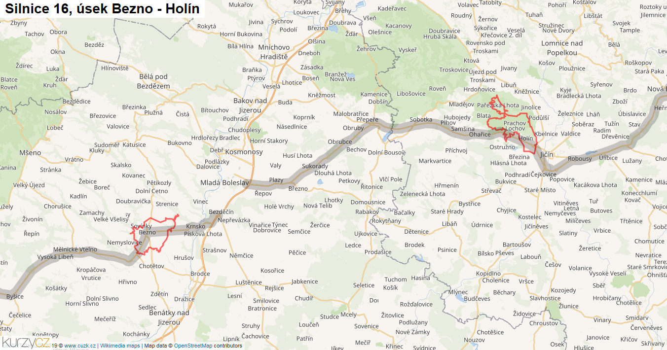 Úsek Bezno - Holín, Silnice 16 - Mapa