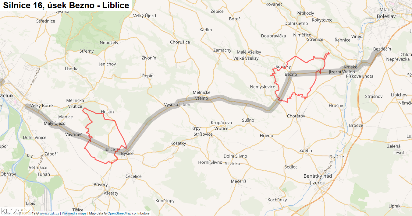 Úsek Bezno - Liblice, Silnice 16 - Mapa