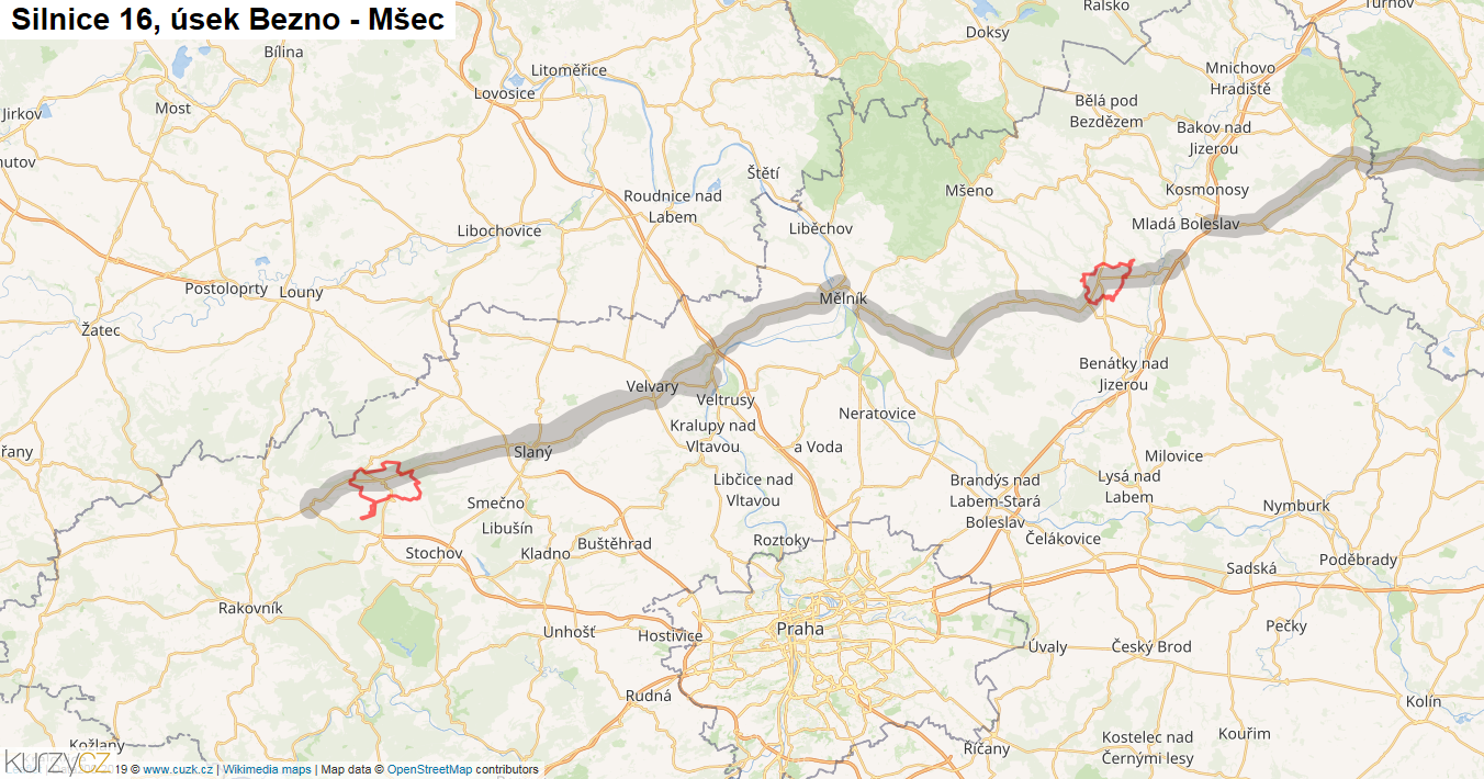 Úsek Bezno - Mšec, Silnice 16 - Mapa
