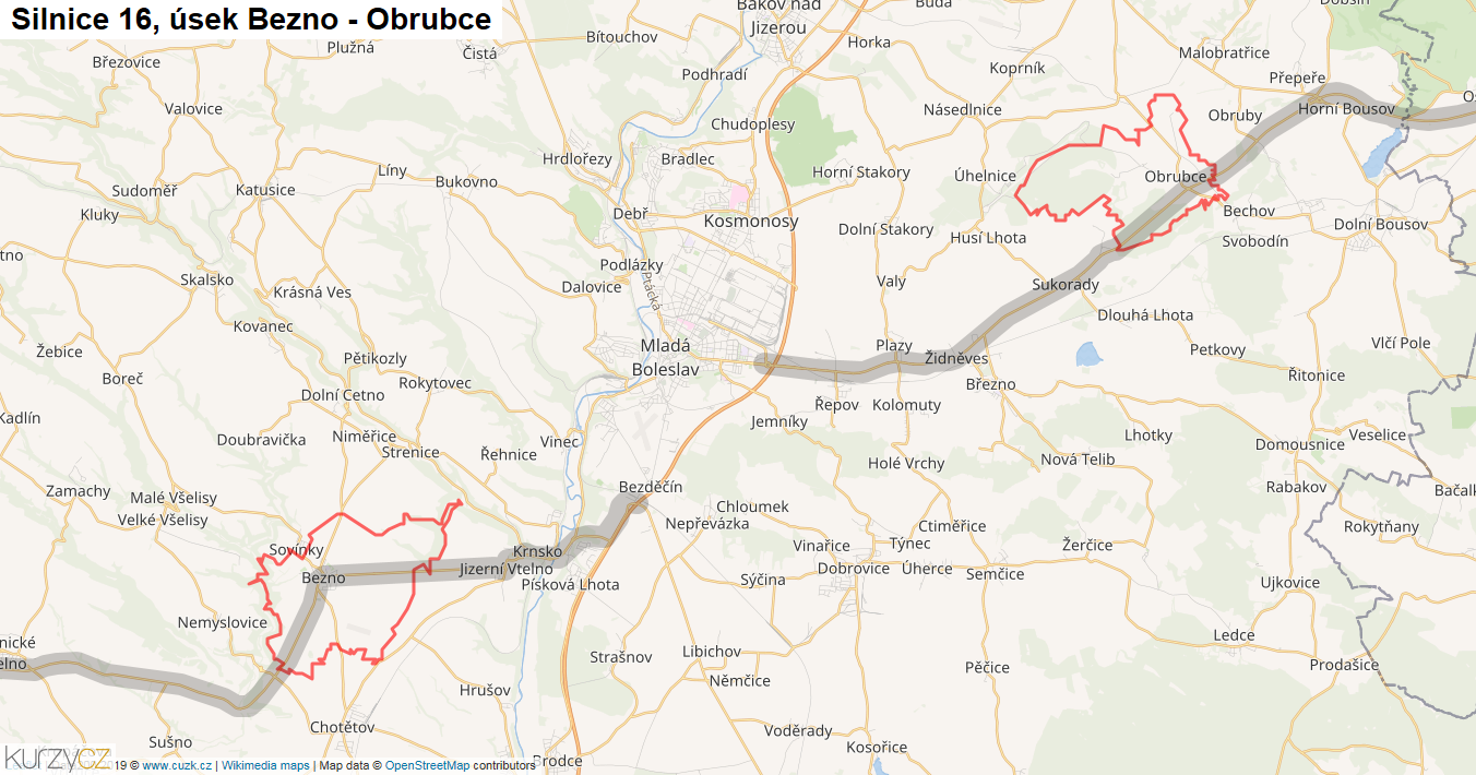 Úsek Bezno - Obrubce, Silnice 16 - Mapa
