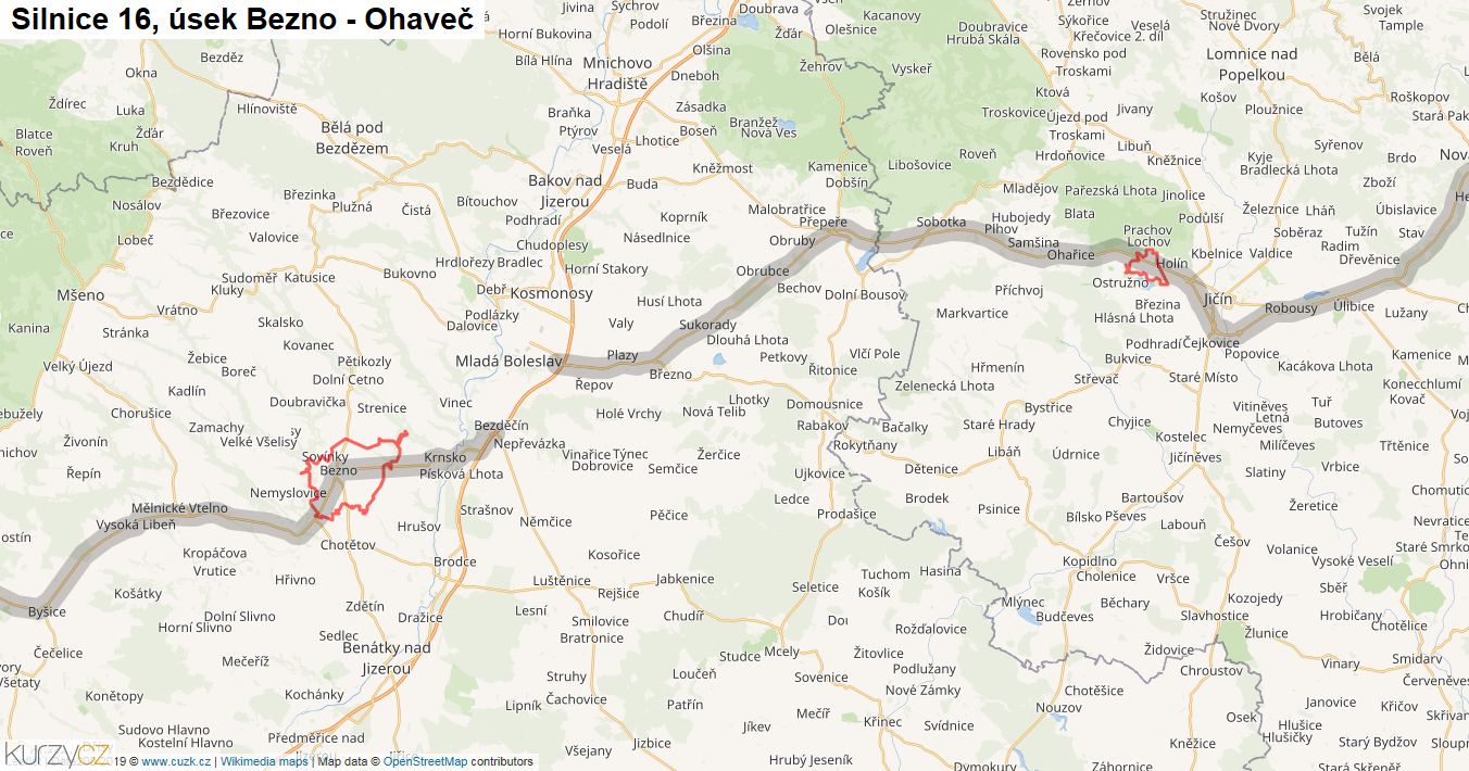 Úsek Bezno - Ohaveč, Silnice 16 - Mapa
