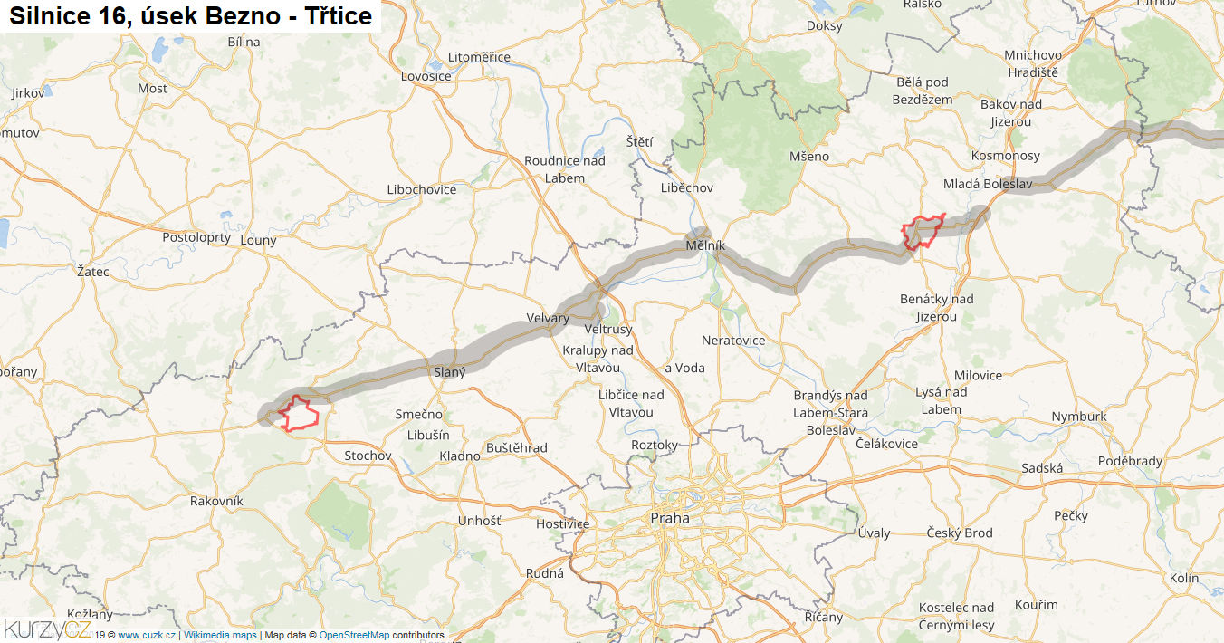Úsek Bezno - Třtice, Silnice 16 - Mapa
