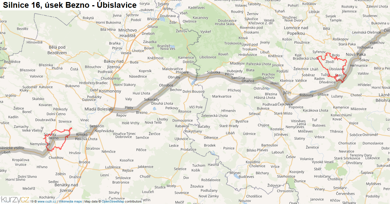Úsek Bezno - Úbislavice, Silnice 16 - Mapa