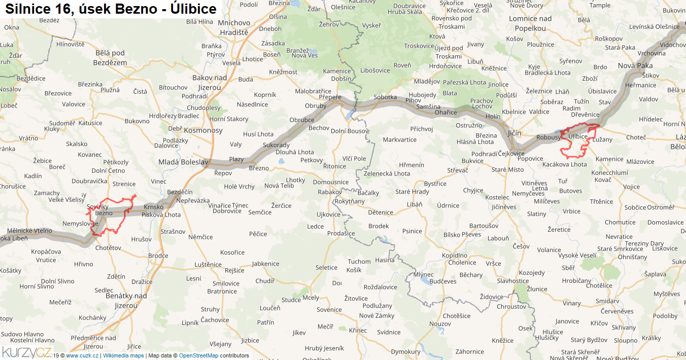 Úsek Bezno - Úlibice, Silnice 16 - Mapa