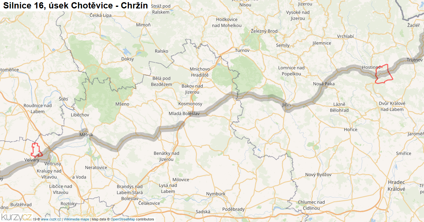Úsek Chotěvice - Chržín, Silnice 16 - Mapa