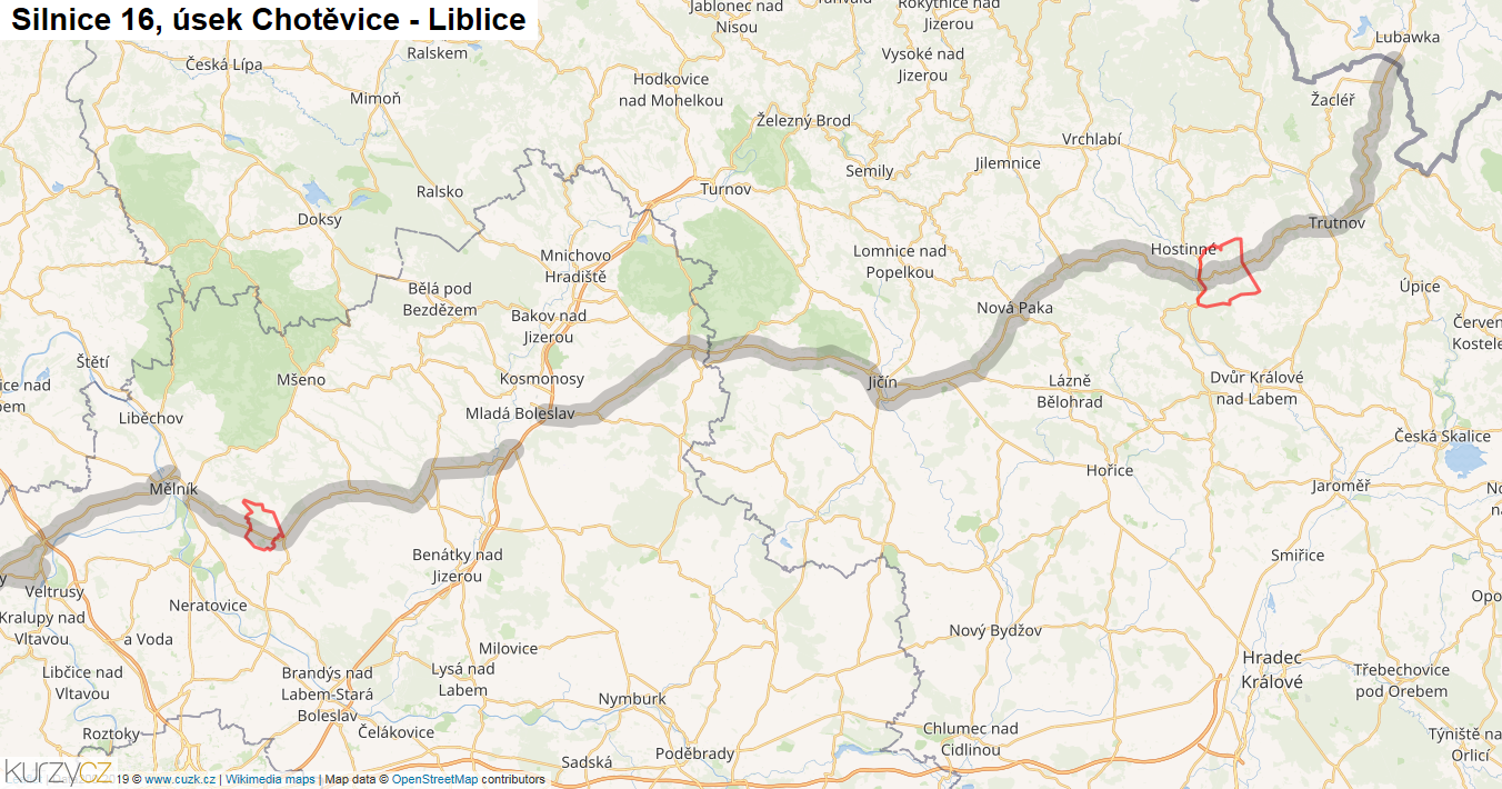 Úsek Chotěvice - Liblice, Silnice 16 - Mapa