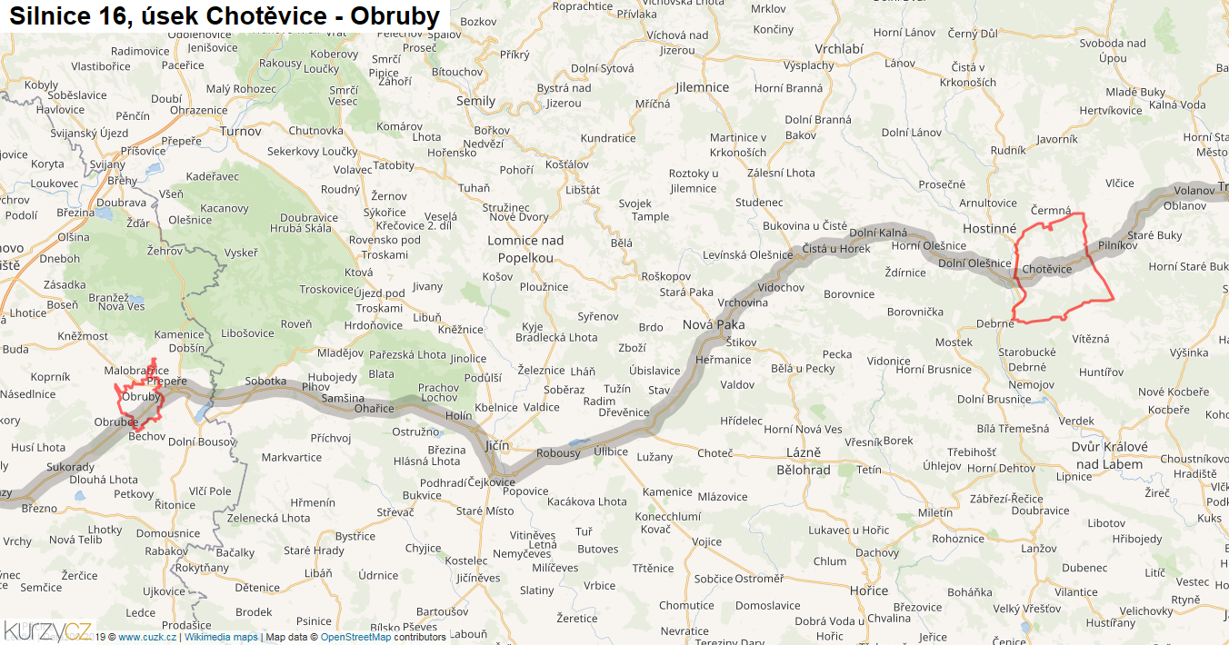 Úsek Chotěvice - Obruby, Silnice 16 - Mapa