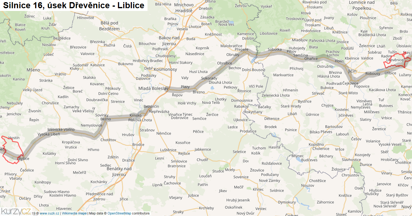 Úsek Dřevěnice - Liblice, Silnice 16 - Mapa