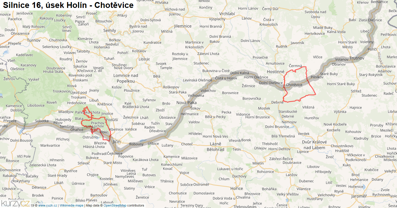 Úsek Holín - Chotěvice, Silnice 16 - Mapa