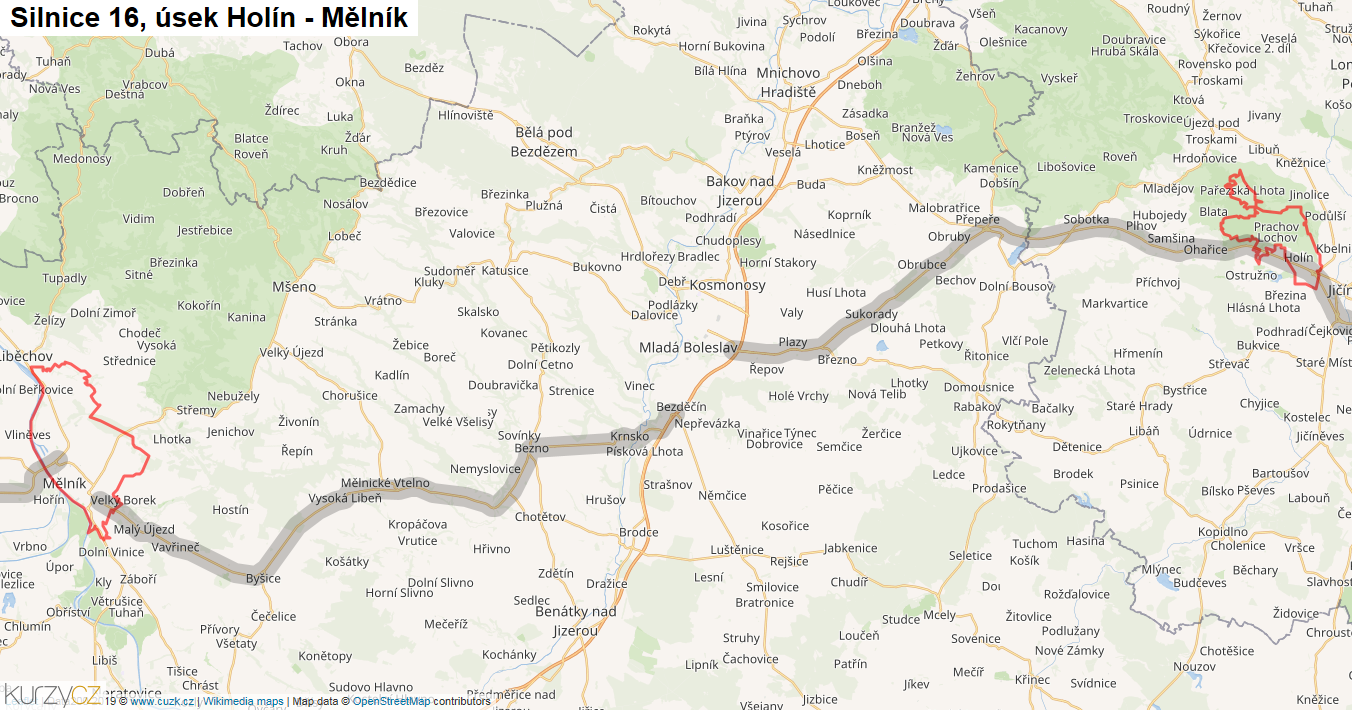 Úsek Holín - Mělník, Silnice 16 - Mapa