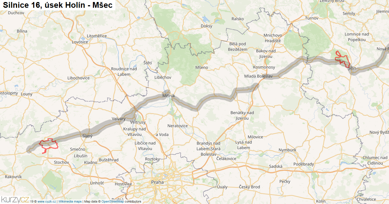 Úsek Holín - Mšec, Silnice 16 - Mapa