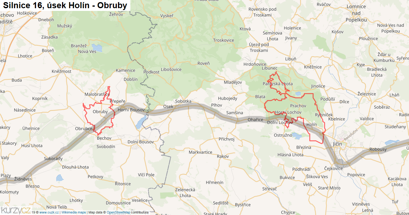 Úsek Holín - Obruby, Silnice 16 - Mapa