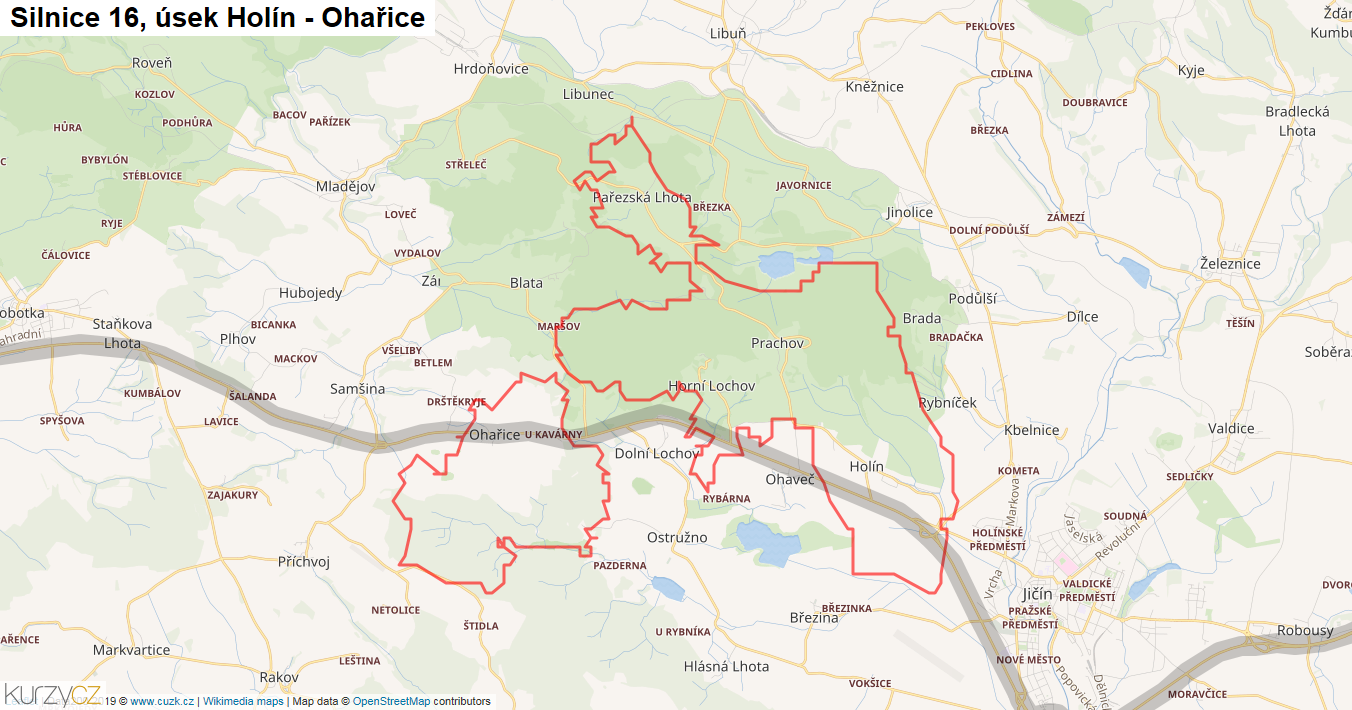 Úsek Holín - Ohařice, Silnice 16 - Mapa