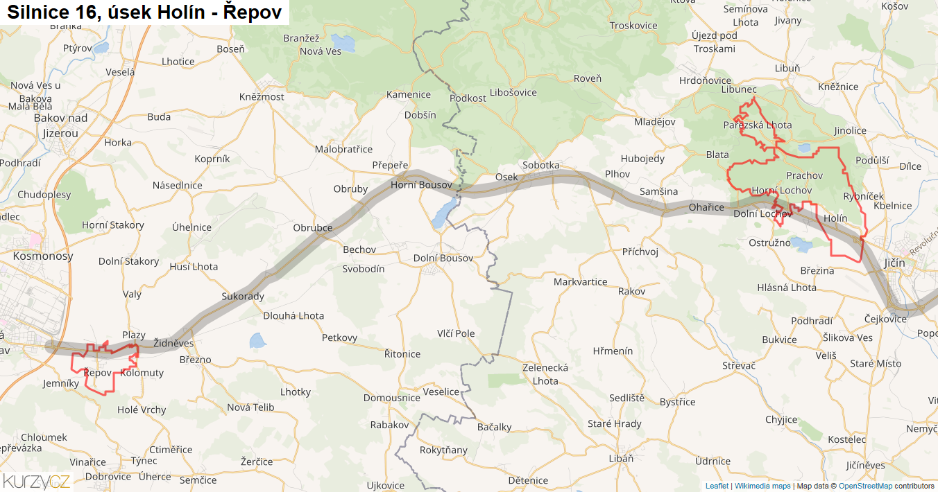 Úsek Holín - Řepov, Silnice 16 - Mapa