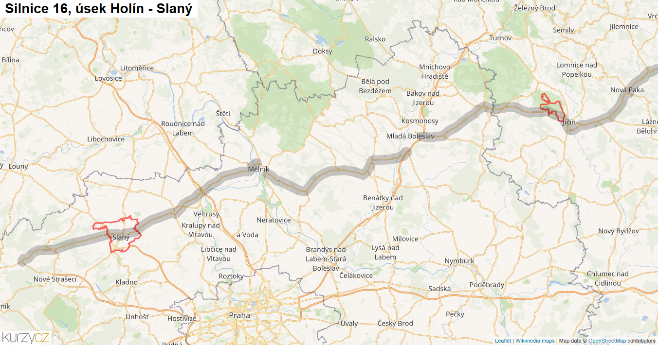 Úsek Holín - Slaný, Silnice 16 - Mapa